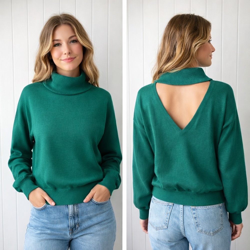 The Drop Emerald Green Peekaboo Back Turtleneck Sweater Size L NWOT